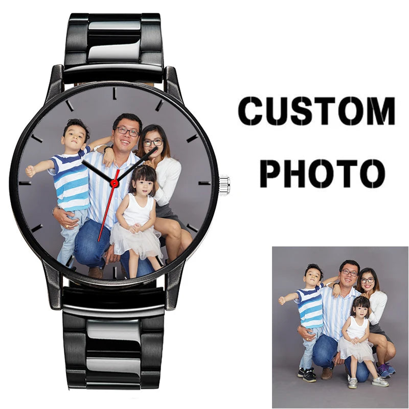 Personal Mark Black Tone Stainless Steel Classic Men's Wristwatch Customized Family Photo Picture Watch Gift Relogio
