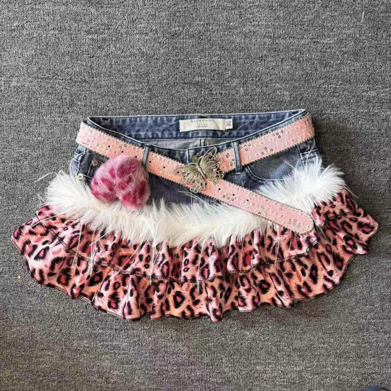 Damska spódnica mini z denimu w lamparcie łaty, wysoki stan, dopasowany krój