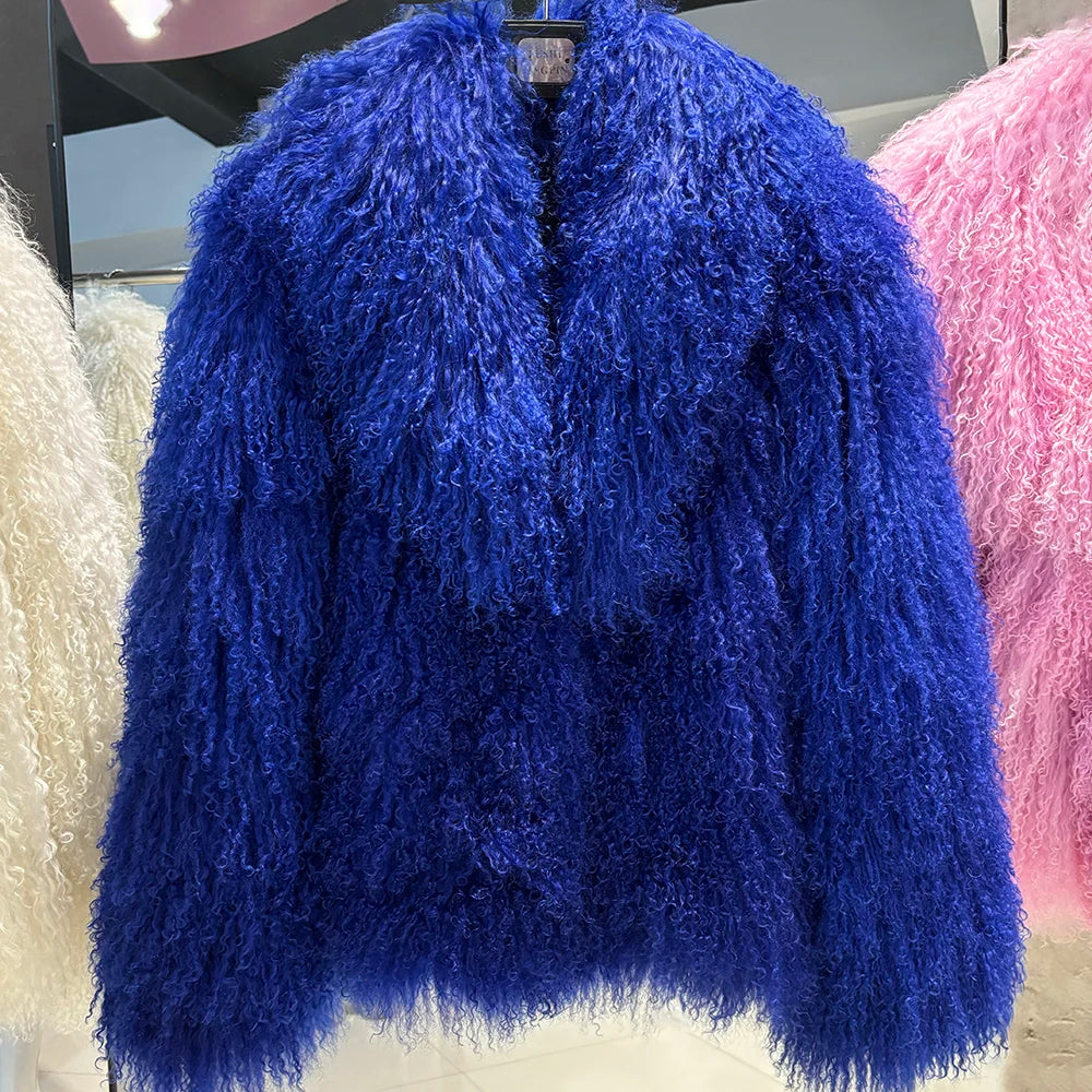 YOLOAgain Women's Real Mongolia Sheep Fur Jacket Dark Brown Sheep Fur Jacket