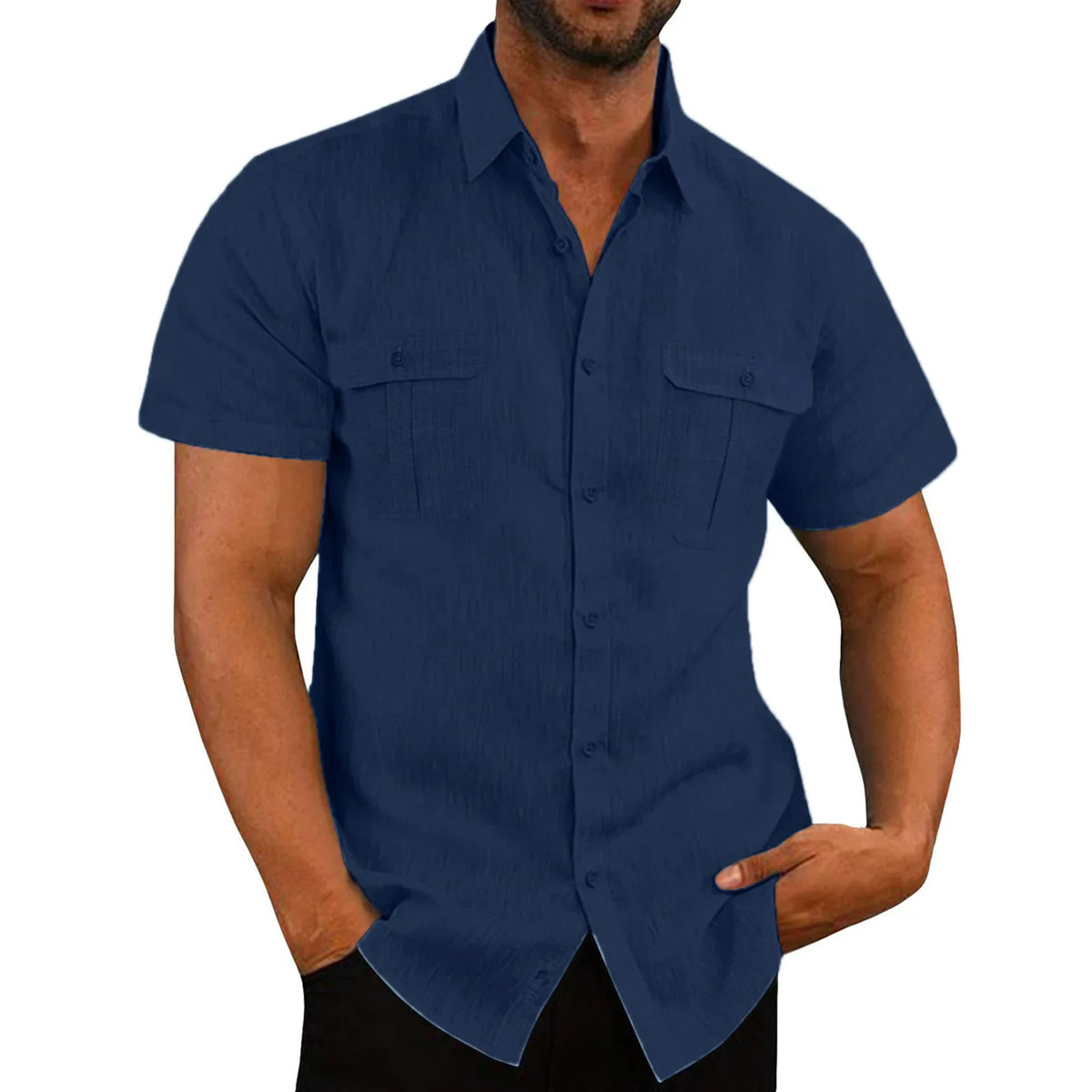 Herrskjortor i linne på rea – kortärmade, enfärgade sommarskjortor med bekväm krage i ledig strandstil, stora storlekar M–4XL