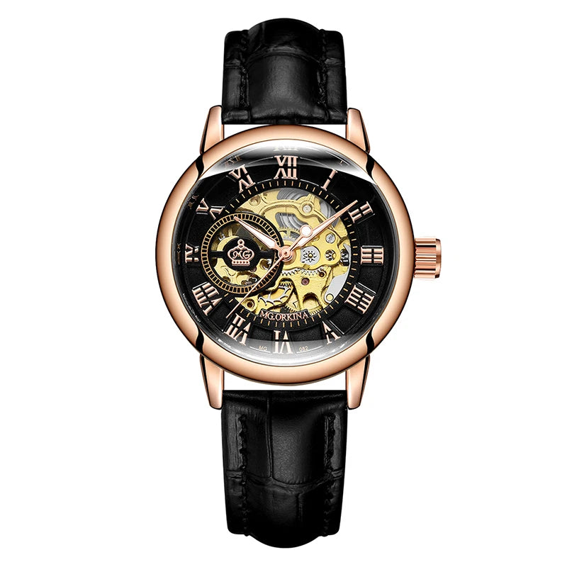 Damski zegarek automatyczny ORKINA typu skeleton, elegancki model w kolorze różowego złota na bransolecie typu mesh ze stali nierdzewnej / pasku skórzanym