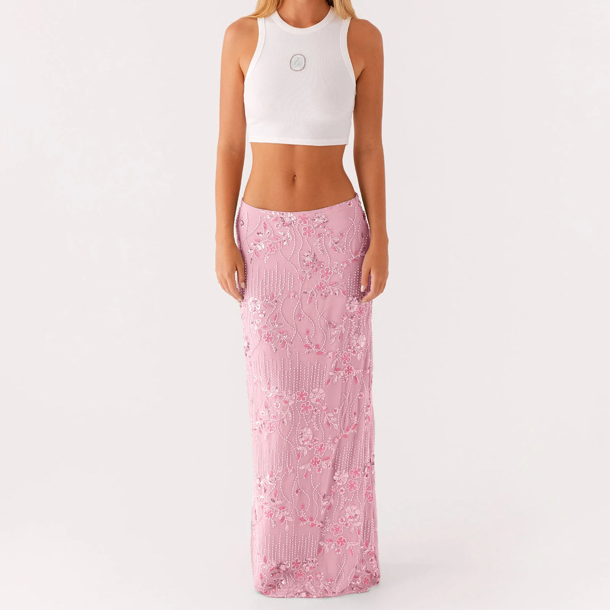Women's Summer Sequin Beaded Floral Embroidered Maxi Skirt