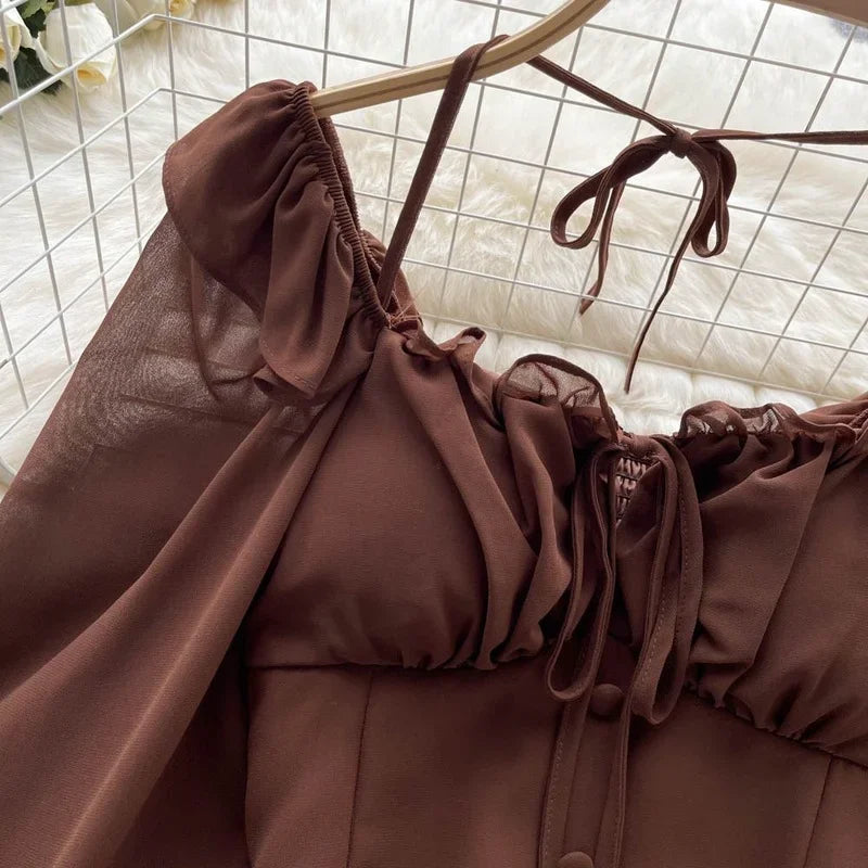 French Chic Halter Blouses Femininas Bow Flare Sleeve Short Tops Dames HighStreet Blusa Mujer Casual Shirts Clothes Dropshipping