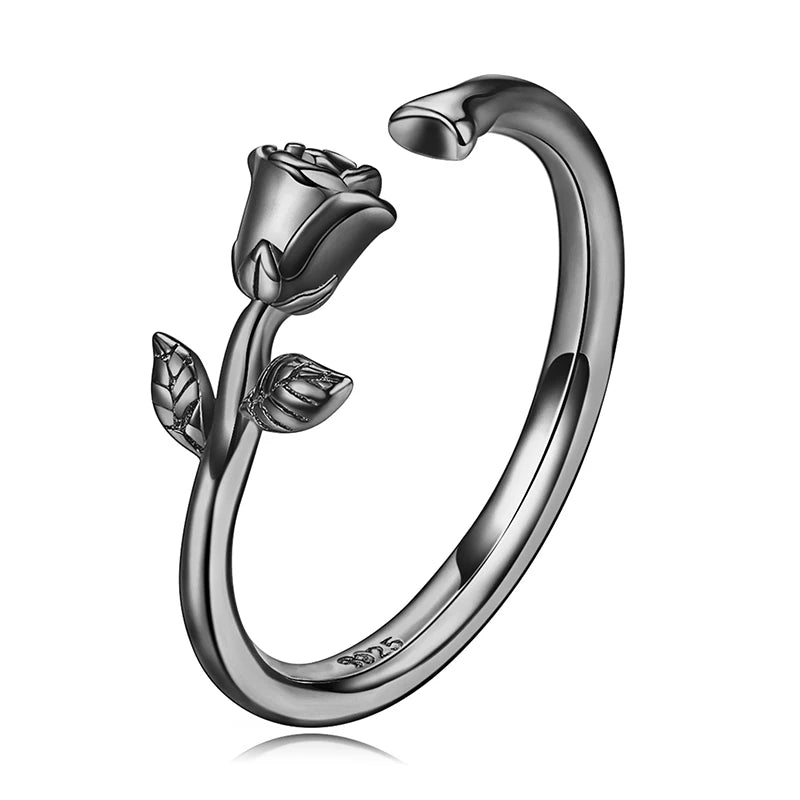 BAMOER 925 Sterling Silver 3D Thorns and Rose Adjustable Finger Rings for Women Plated Black Gold Flower Ring 2 Colors BSR065