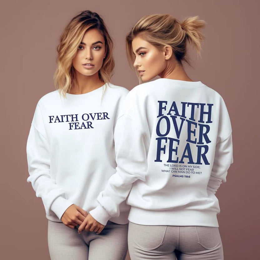 Bluza z napisem Faith Over Fear chrześcijańska bluza z kapturem modny sweter cytat z Biblii religijna bluza bez kaptura topy z motywem Jezusa i wiary