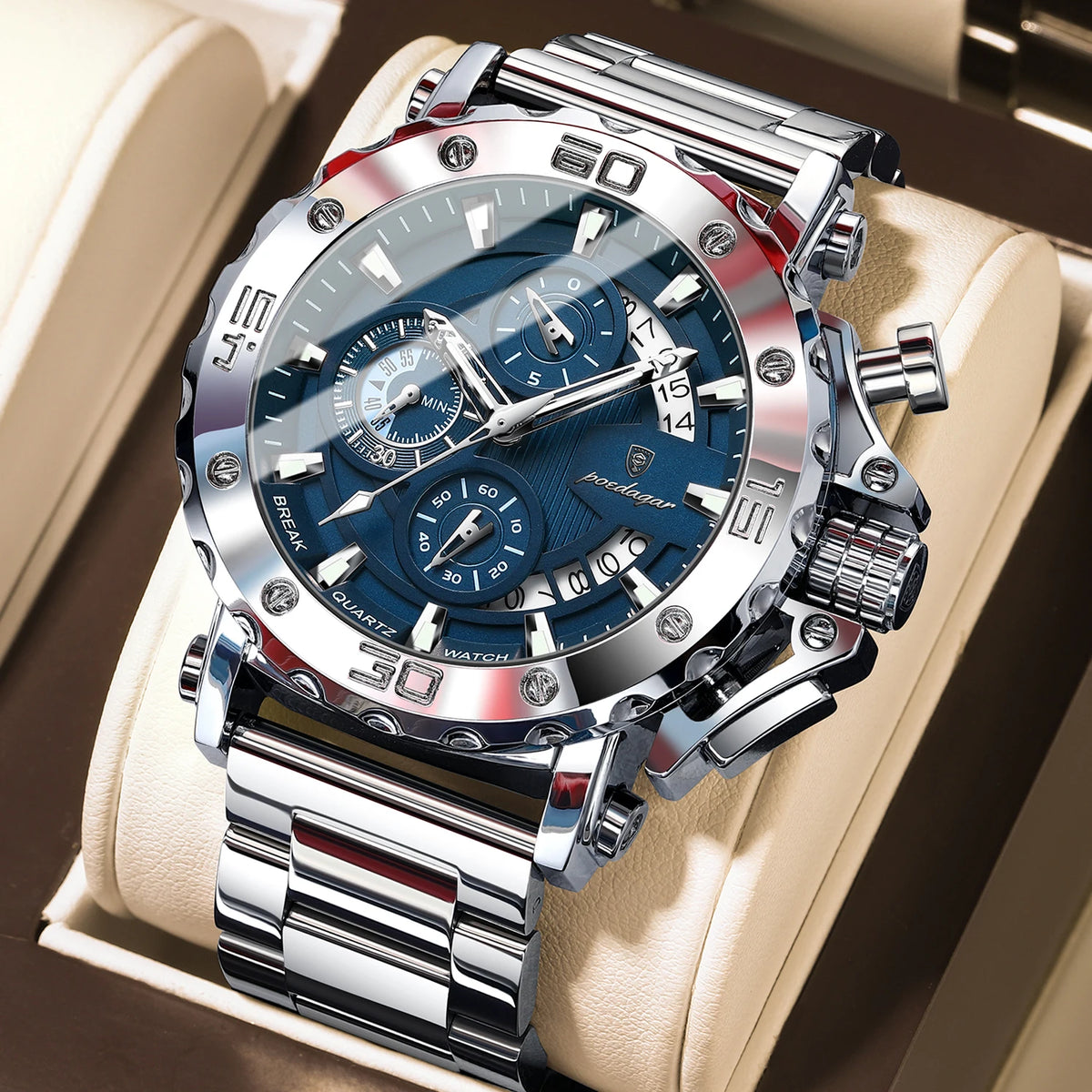 POEDAGAR Top Business Men's Wristwatch Luminous Waterproof Man Clock Chronograph Calendar Stainless Steel Quartz Watches for Men