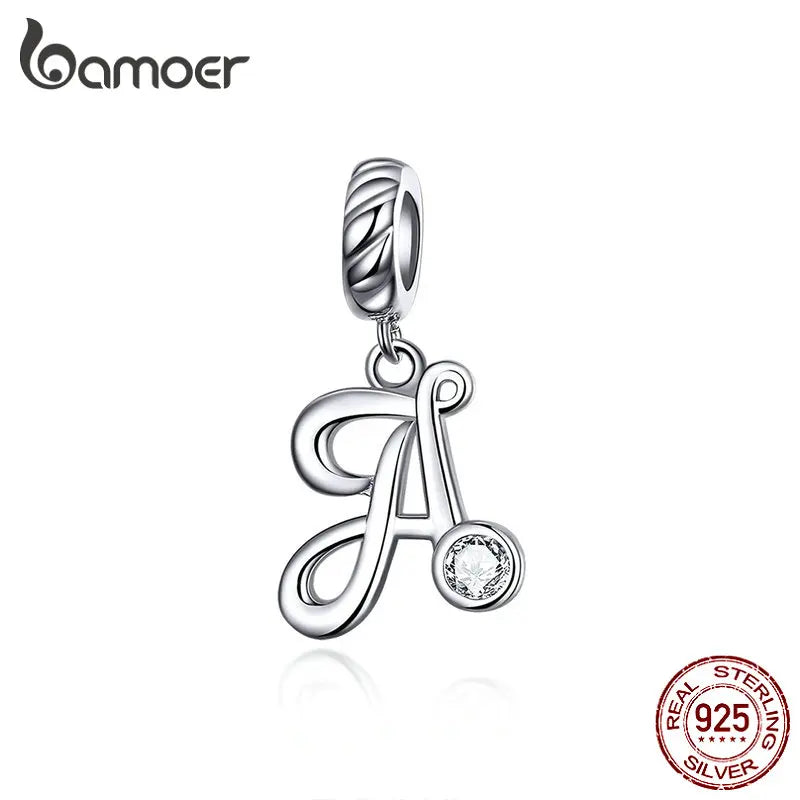 BAMOER 26 Letters Alphabet Pendant 925 Sterling Silver Handwritten Language Pendants Charm for Bracelets and Necklace SCC1183