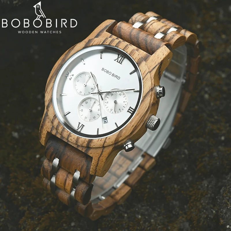 Custom Wood Watch BOBOBIRD Personalized Name Brand BOBOBIRD Chronograph Military Quartz Wristwatch With Wooden Box