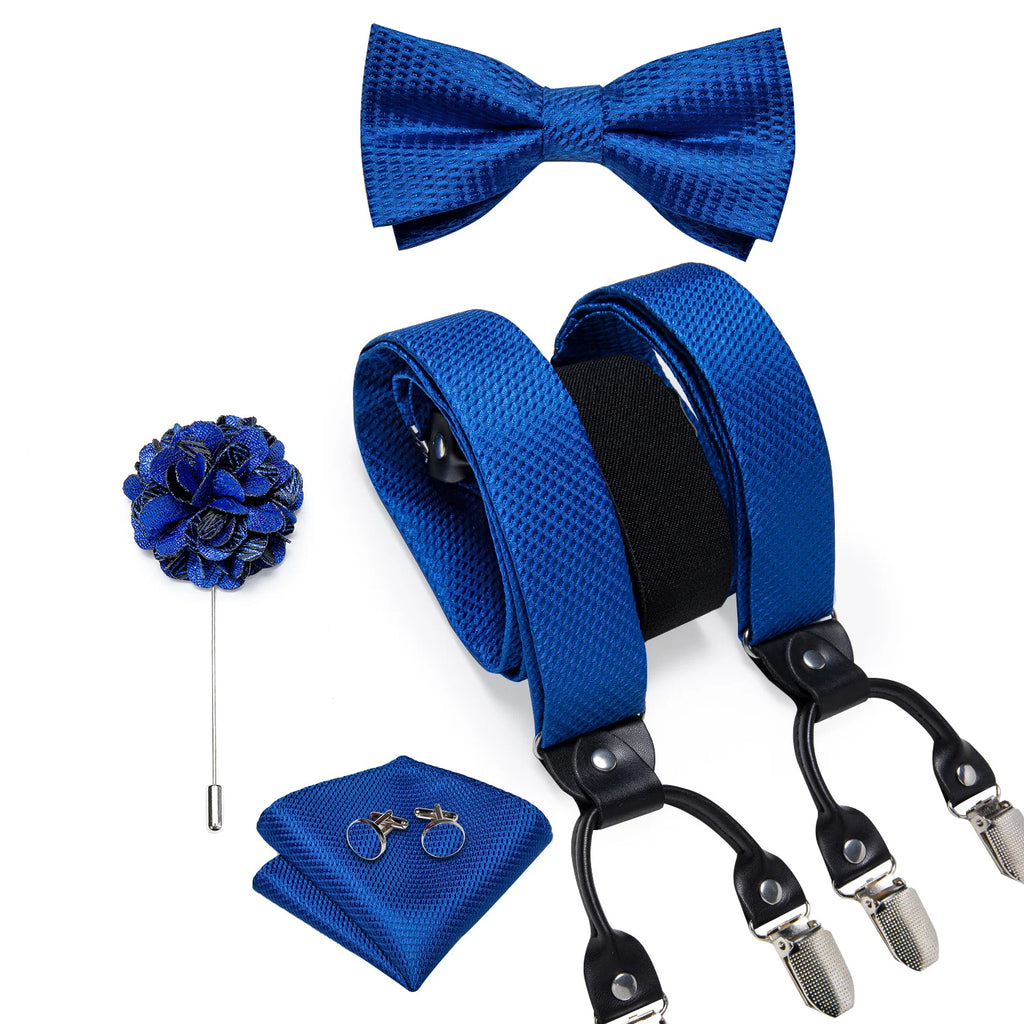 Luxury White Men's Suspenders Adjustable 6 Clips Braces DiBanGu Leather Metal Pre-Tied Bow Tie Brooch Pocket Square Set