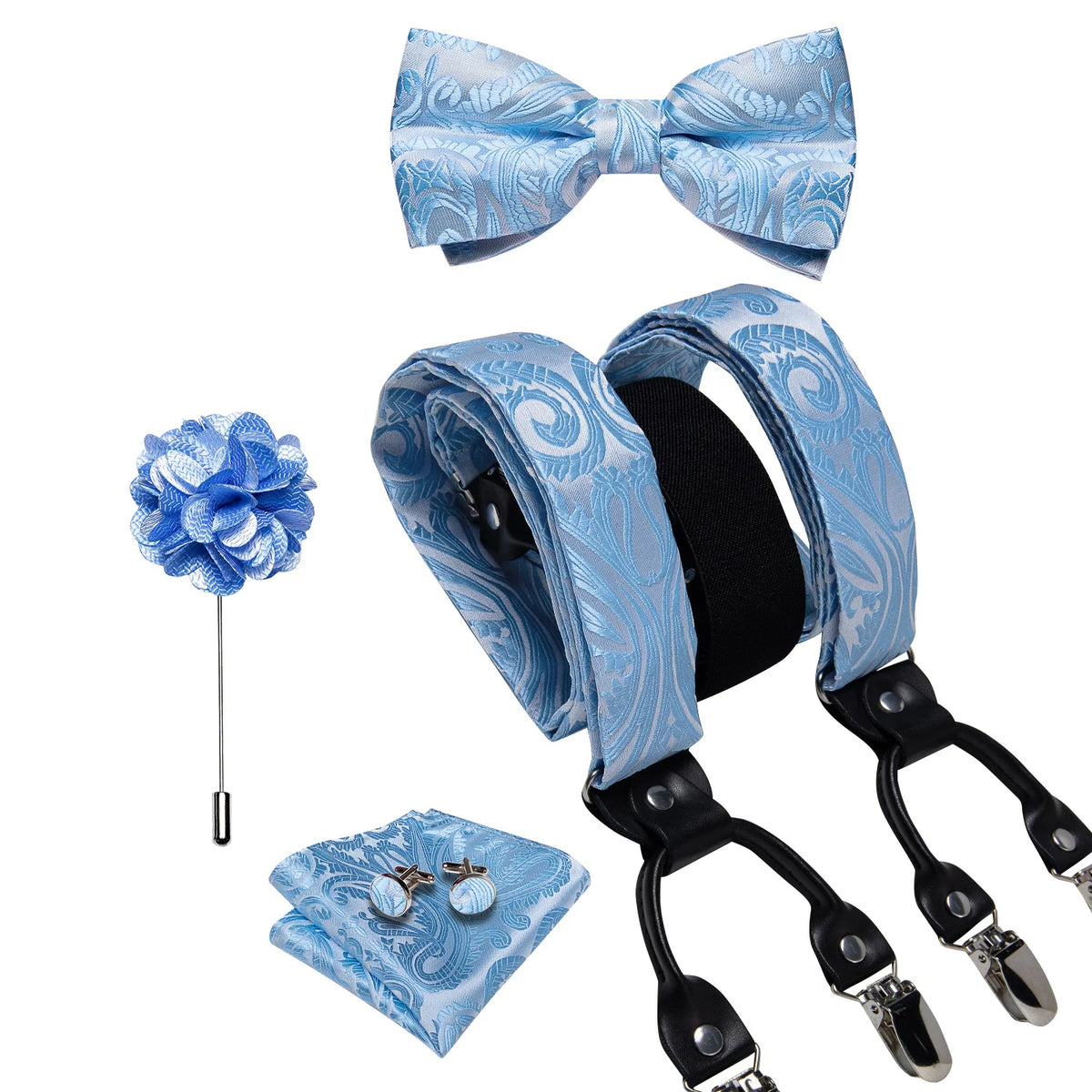 Luxury White Men's Suspenders Adjustable 6 Clips Braces DiBanGu Leather Metal Pre-Tied Bow Tie Brooch Pocket Square Set