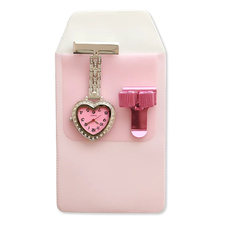Glitter Peach Nurse FOB Watch Sparkle Pocket Watch Egg Jojo Pen Holder Heart Diamond Brooch Medical Clock Pink Graduation Gift