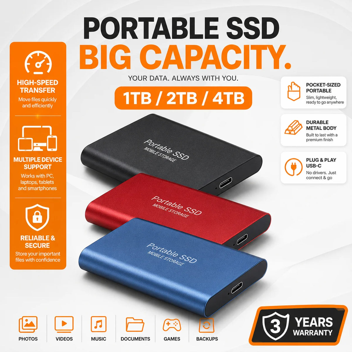 SSD externo portátil Somdisk USB 3.0 de 1TB 2TB 4TB con almacenamiento tipo C