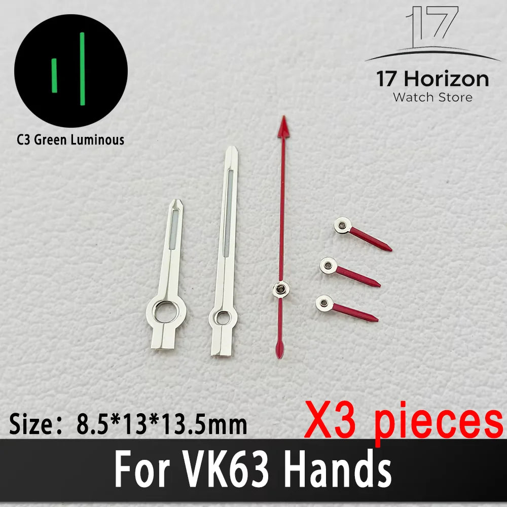 Agujas VK63 de alta calidad, manecillas de carreras para reloj VK63, manecillas de reloj con luminiscencia verde C3, piezas de relojes para hombre con movimiento de cuarzo VK63