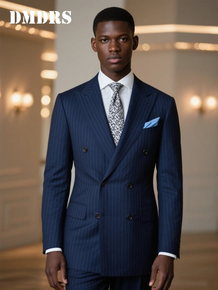 Navy Blue Pinstripe Double-Breasted Suit for Men Wedding - Formal Groom Suit Set With Classic Jacket and Pants Wedding Suits