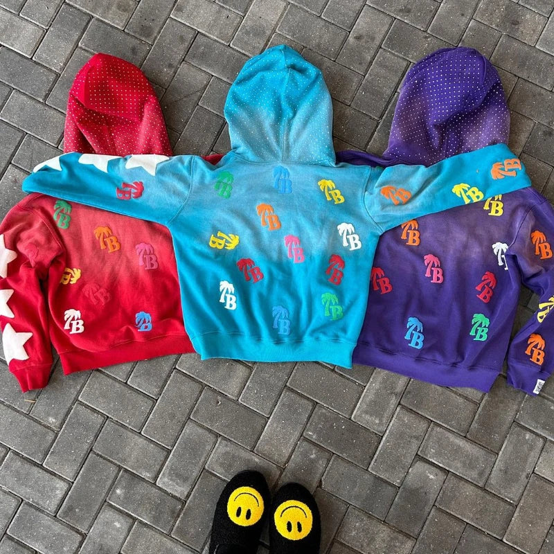 Luźna, wygodna bluza z kapturem w stylu retro Y2K, zapinana na zamek, z modnym wzorem liter, unisex