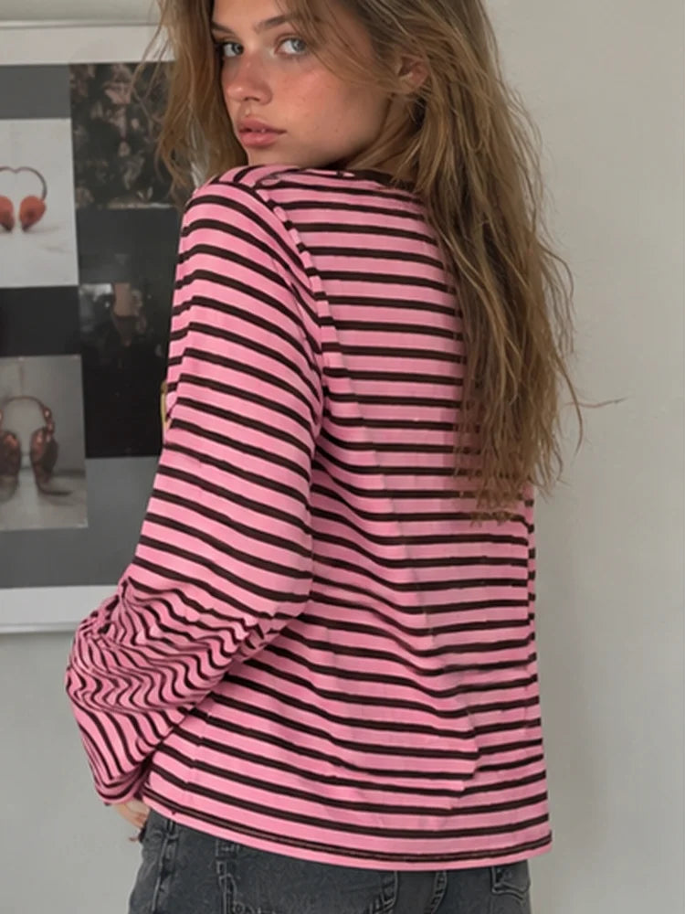 Women Letter Print Striped Long Sleeve T-shirt Crew Neck Loose Fit Pink Black Stripe Y2K Casual Streetwear Ladies Tops