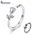 BAMOER 925 Sterling Silver 3D Thorns and Rose Adjustable Finger Rings for Women Plated Black Gold Flower Ring 2 Colors BSR065