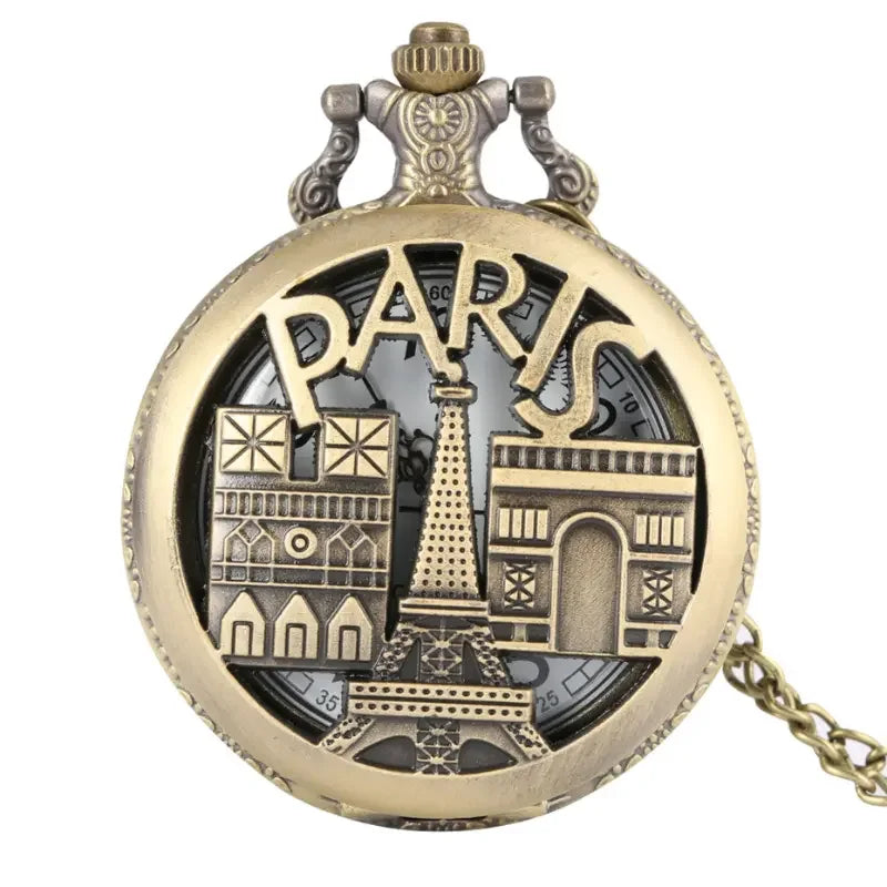 Vintage Paris Eiffel Tower Notre Dame Design Quartz Pocket Watch LE LOUVRE Necklace Pendant Art Souvenir Clock for Men Women