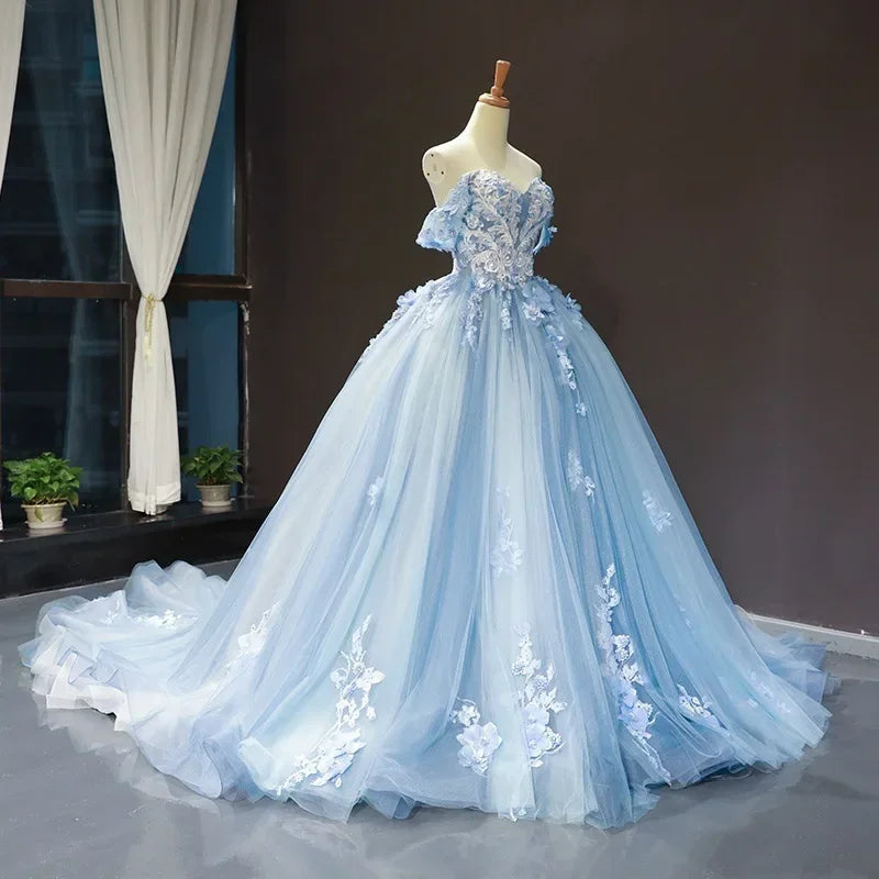Blue Quinceanera Dresses New Classic Off the Shoulder Princess Prom Dress Lace Appliques Ball Gown With Small Train Custom Size