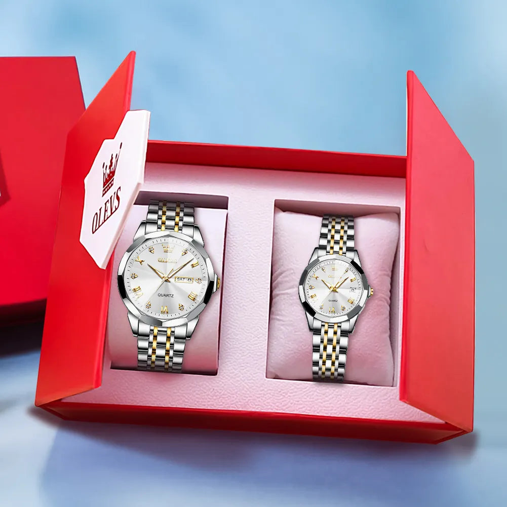 OLEVS Couple Watches Rhombus Mirror Luxury Original Quartz Men and Women Wristwatch Waterproof Luminous Date Week His and Her