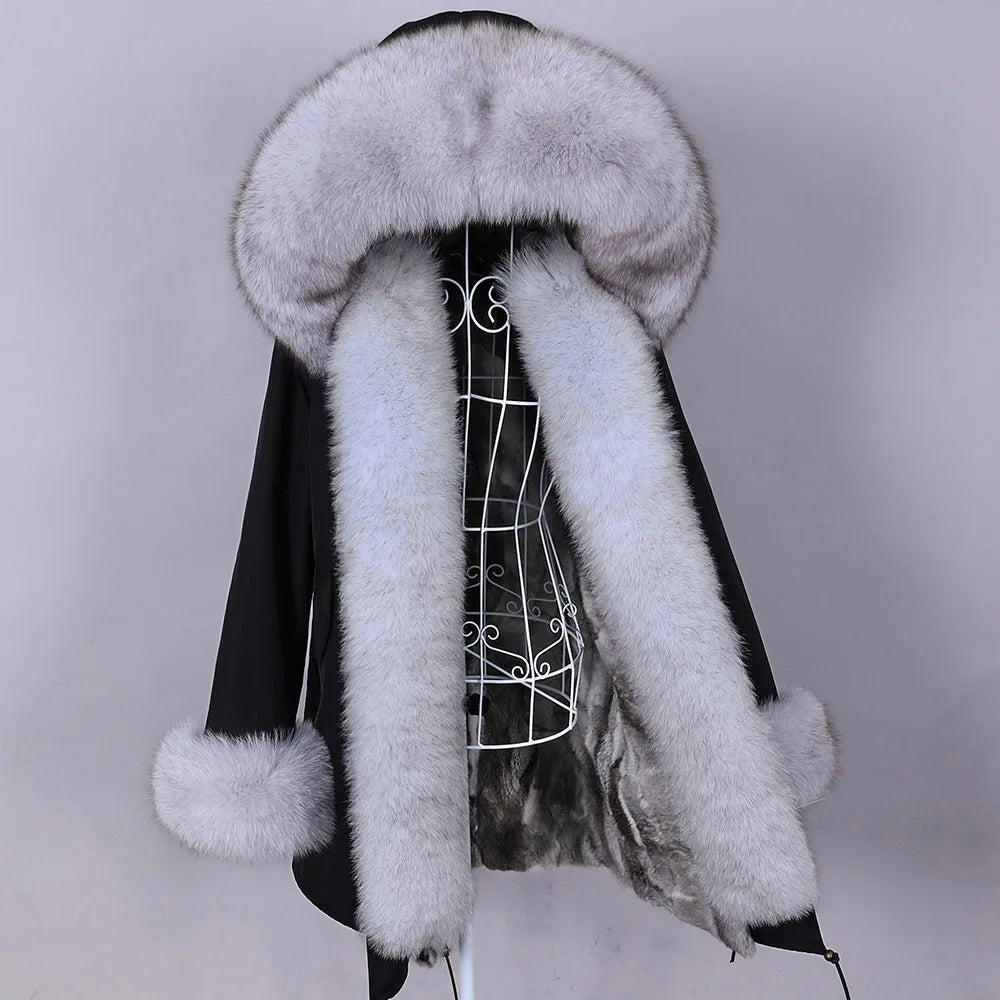 MAOMAOKONG 2026 Removable Real Fox Fur Collar Coats Woman Winter Jacket Hooded Rabbit Fur Lining Long Parkas Female Clothes