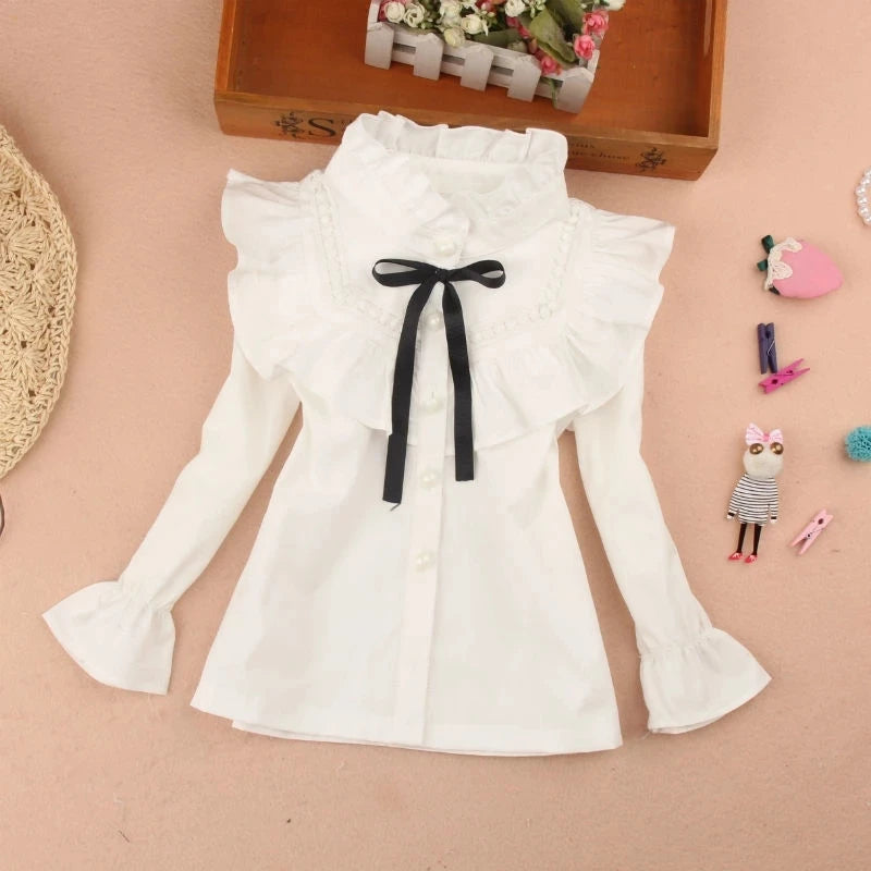 Nueva blusa blanca para niña, linda camisa de manga larga con dibujos animados para otoño, blusa para adolescente, ropa escolar, tops para niños