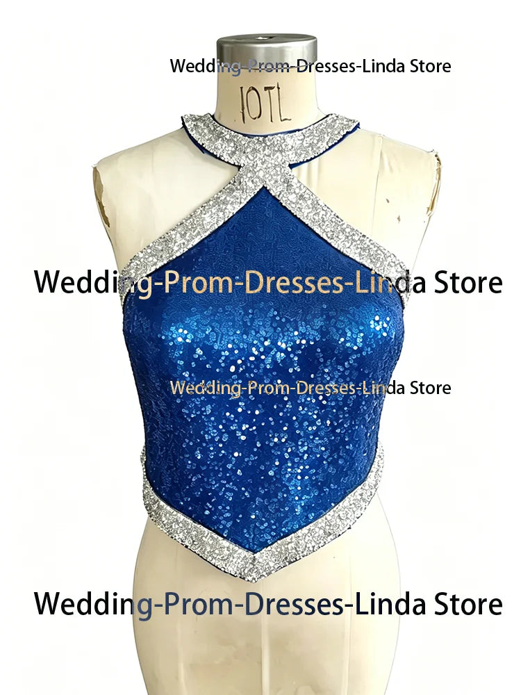 Cute Blue Celebrity Dresses With Silver Edge Sparkle Sequins Mini Cocktail Dresses Short Two Pieces Perform Dresses New in 2024