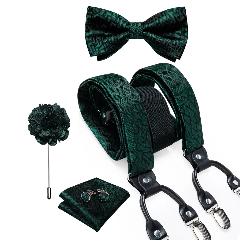 Luxury White Men's Suspenders Adjustable 6 Clips Braces DiBanGu Leather Metal Pre-Tied Bow Tie Brooch Pocket Square Set
