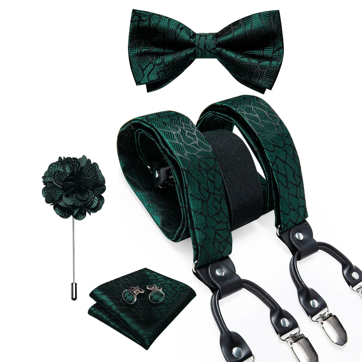 Luxury White Men's Suspenders Adjustable 6 Clips Braces DiBanGu Leather Metal Pre-Tied Bow Tie Brooch Pocket Square Set