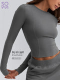 SOYUN Women's Full-Length Tight-Fit Yoga Gym T-Shirt - Long Sleeve Workout Top with Full Coverage, Non-See-Through & Hand