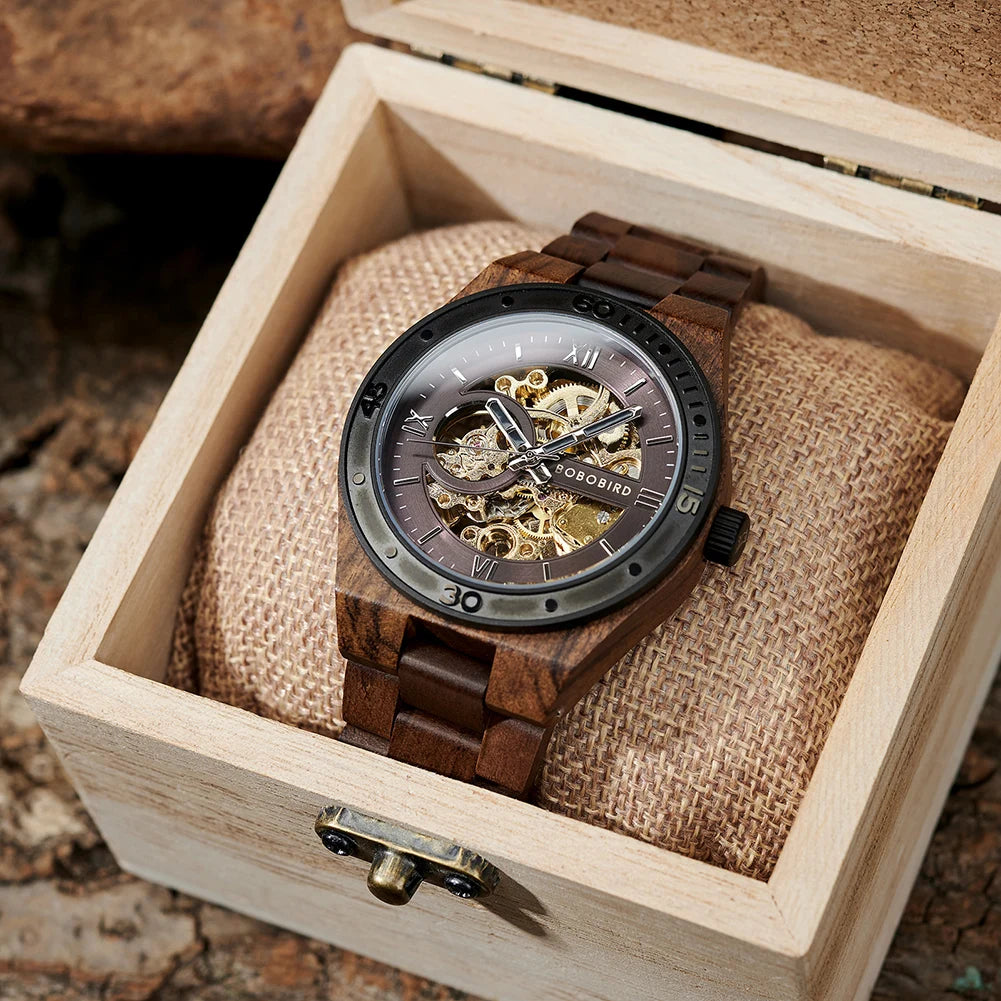 Top Luxury Men's Watches BOBO BIRD Mechanical Wristwatch Wooden Relogio Masculino Custom Father's Day Gift Wooden Box