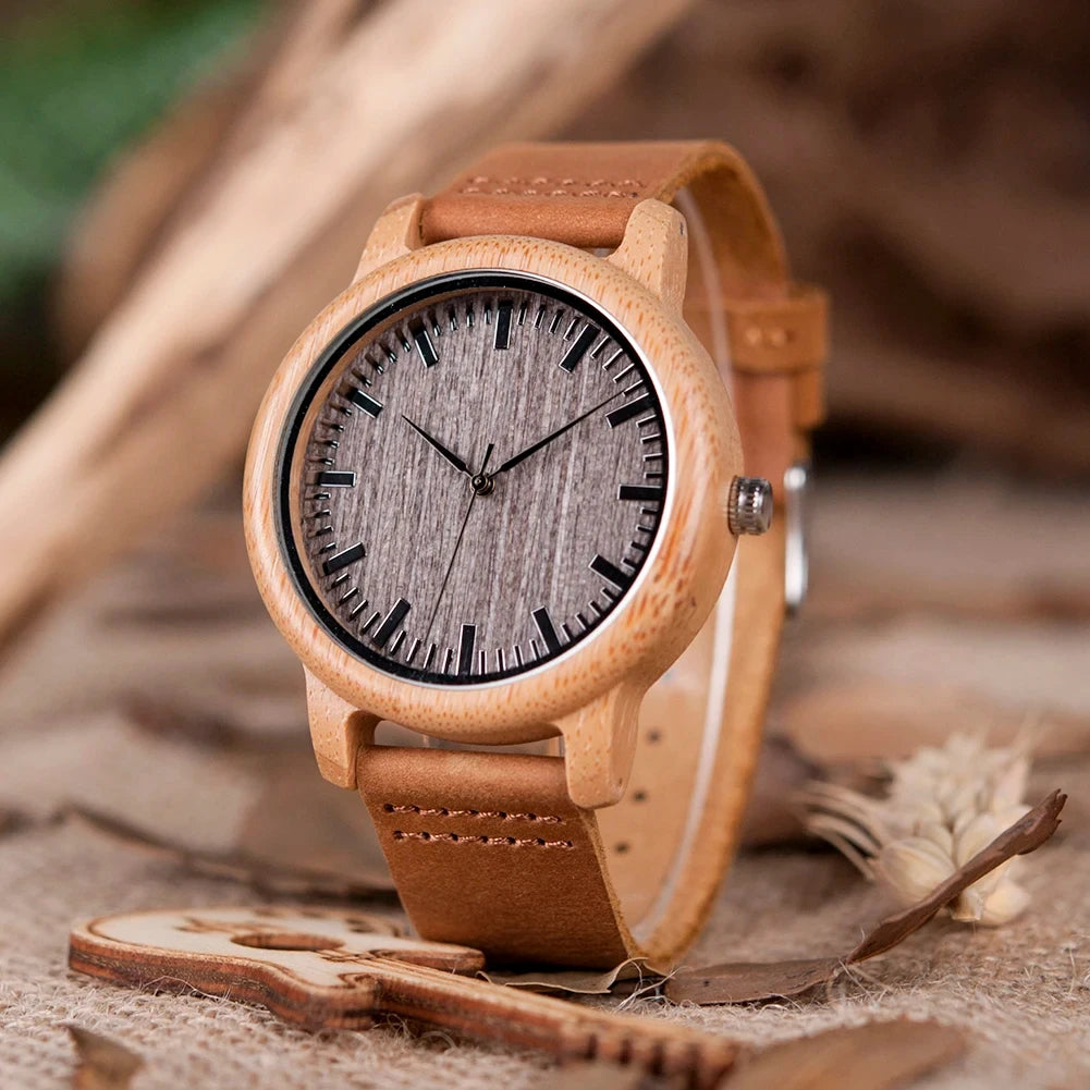 BOBO BIRD Bamboo Wood Quartz Couple Watches with Leather Bands
