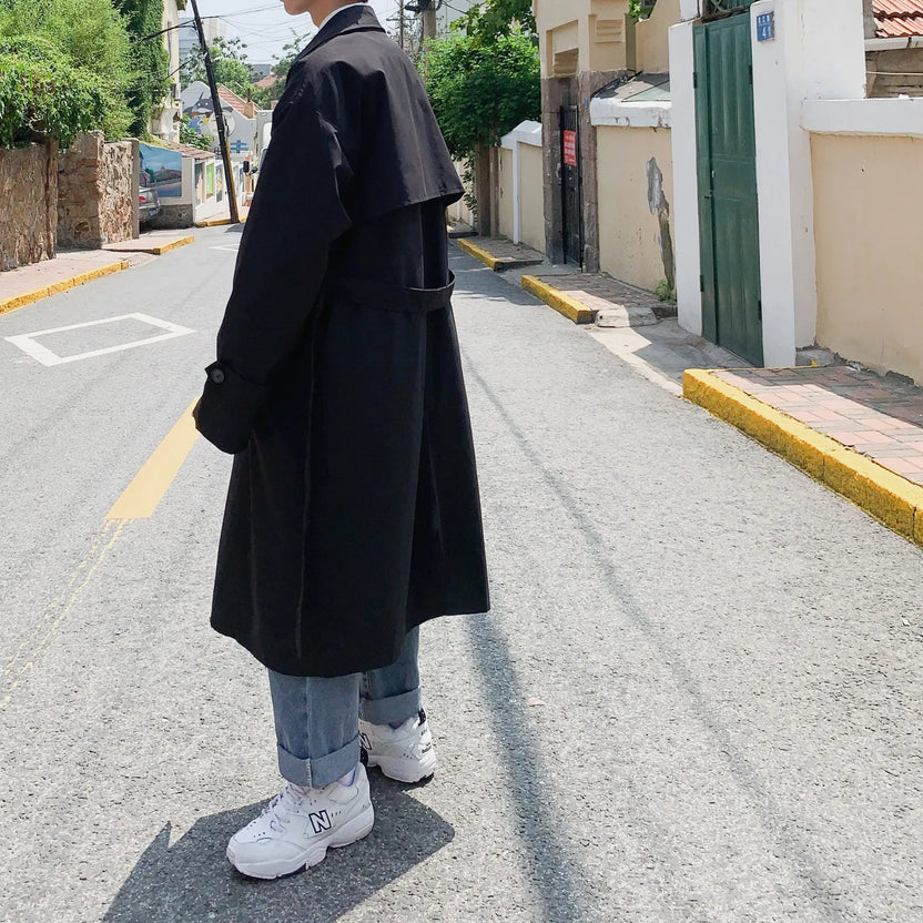 Koreansk stil vår trenchcoat herr streetwear vindjacka trenchcoat män enfärgad business casual lös lång överrock