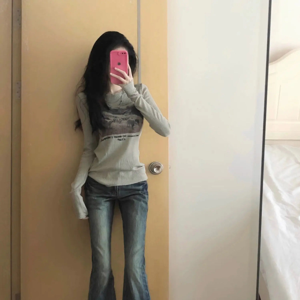Kimutomo Women Korean Style Ribbed Long‑Sleeve T‑Shirt Autumn Winter Slim‑Fit Layer Top Inner Outer Ins Style Shirts Pullover