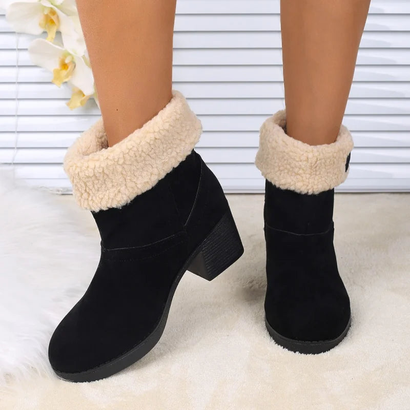 Women's Mid-Calf Square Heel Microfiber Winter Boots with Plush Lining