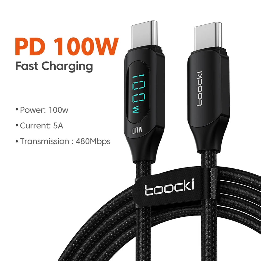 Kabel szybkiego ładowania Toocki 100W USB-C na USB-C PD z wyświetlaczem