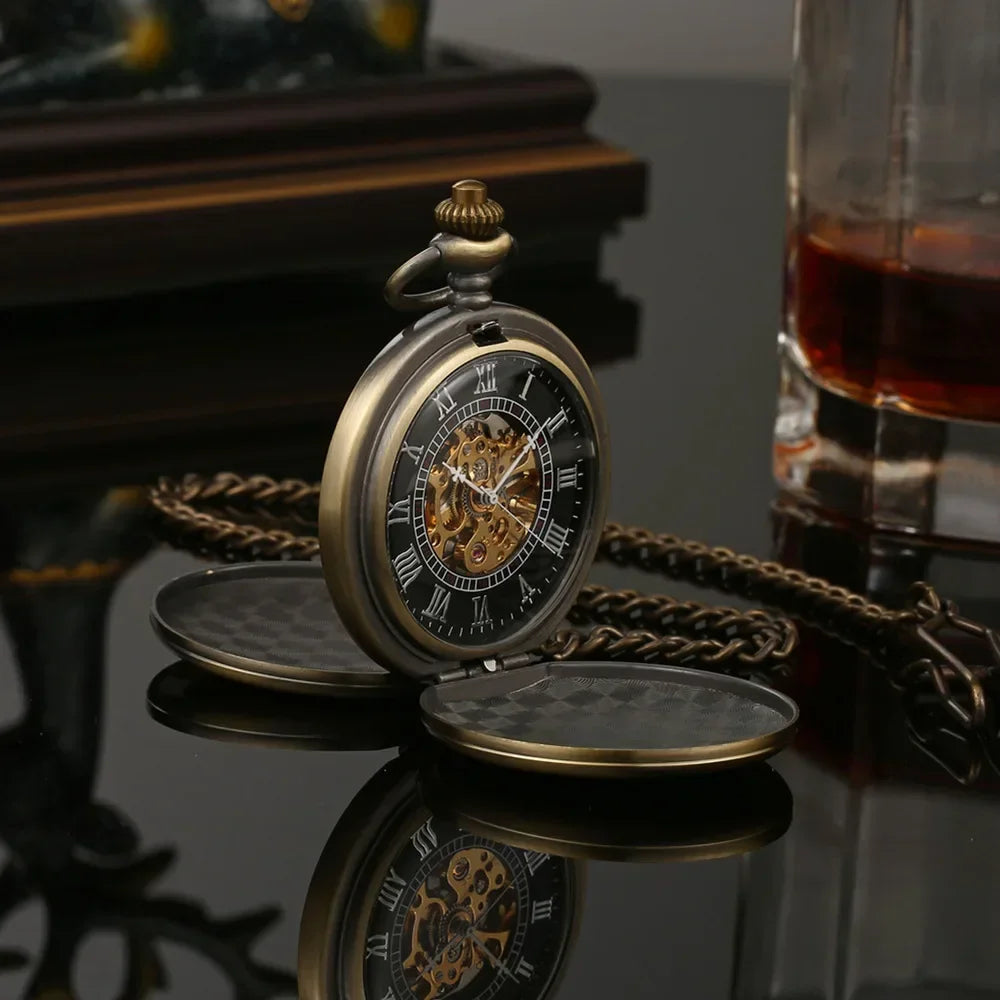 New Hand Wind Mechanical Men Pocket Watch Skeleton Dial Steampunk Necklace Pendant Vintage Dress Fob Watches for Weeding Gift