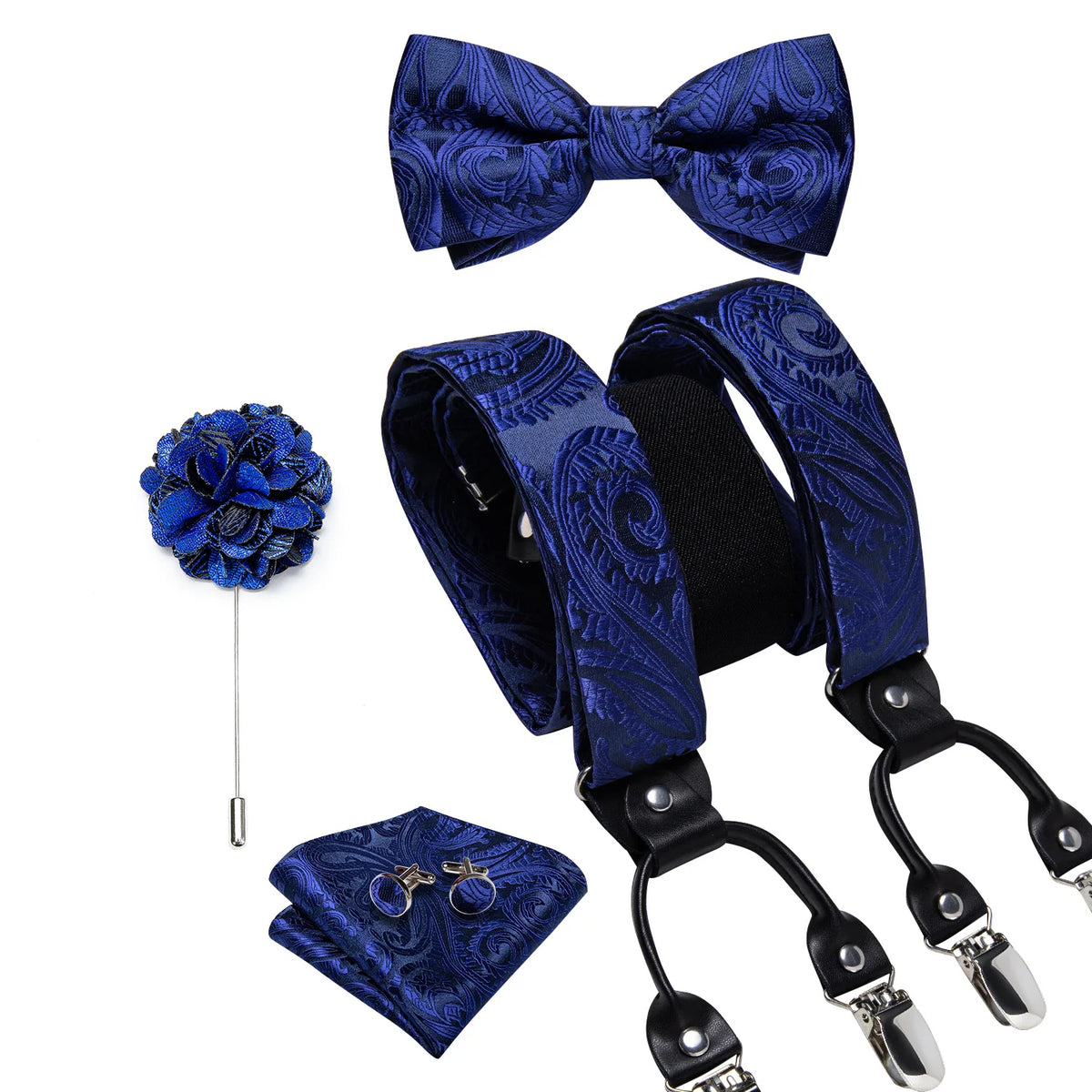 Luxury White Men's Suspenders Adjustable 6 Clips Braces DiBanGu Leather Metal Pre-Tied Bow Tie Brooch Pocket Square Set