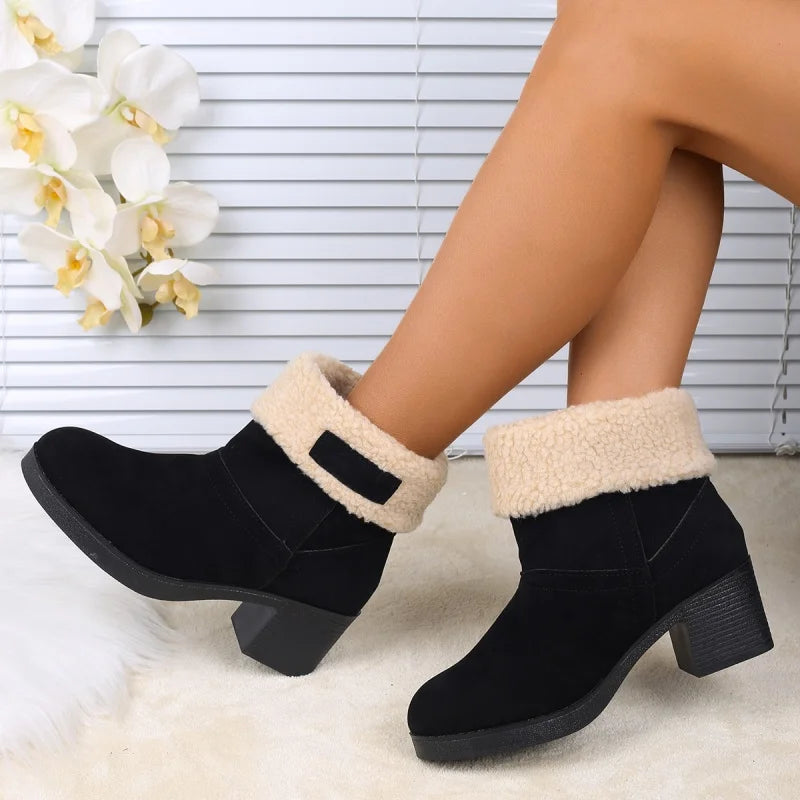 Women's Mid-Calf Square Heel Microfiber Winter Boots with Plush Lining
