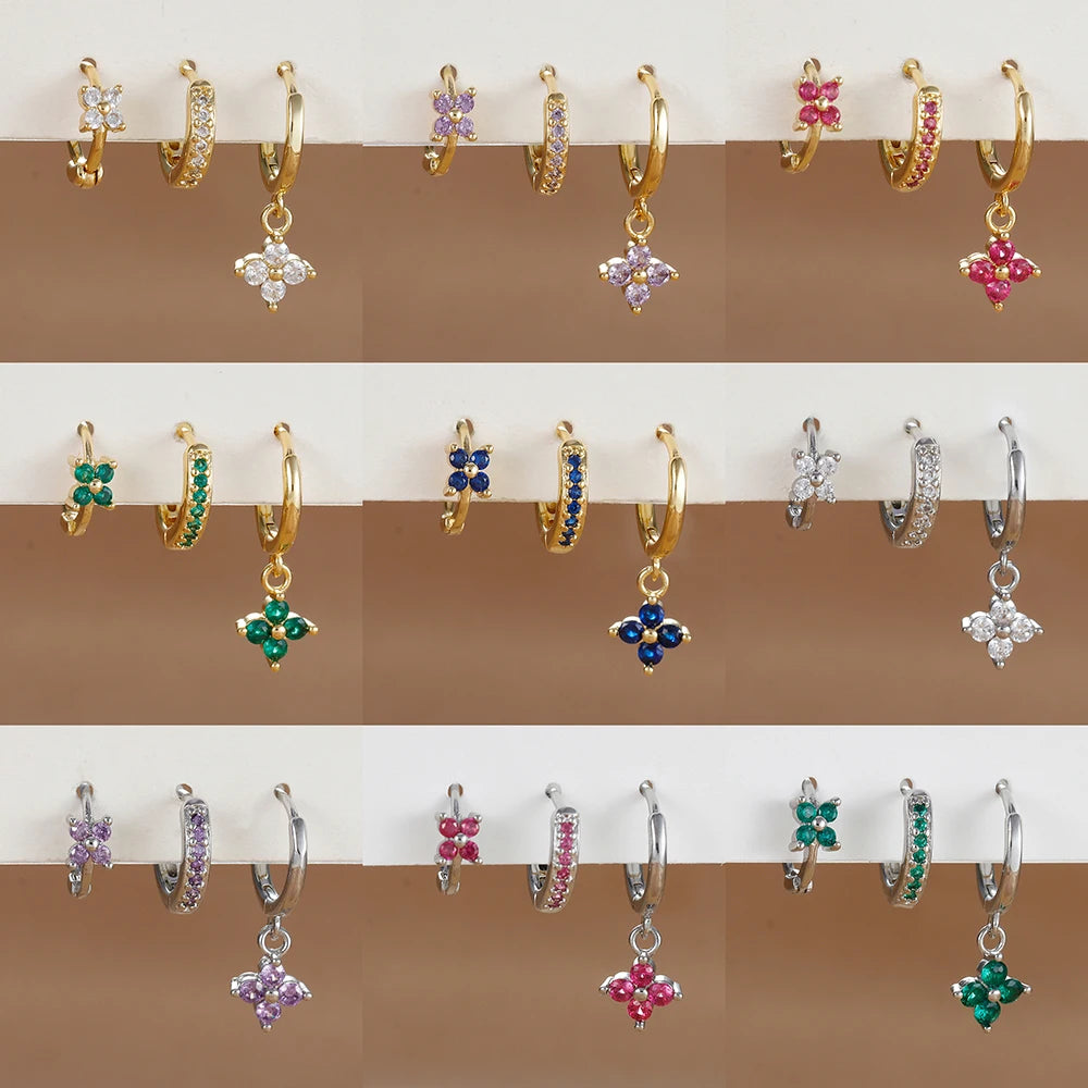 Pendientes de acero inoxidable con forma de flor y circonitas para mujer - Set de 3 piezas