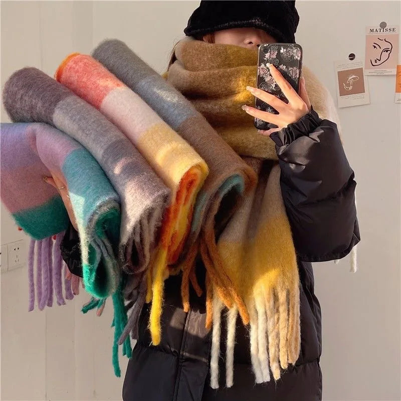 2026 Winter Thick Warm Scarf Women Cashmere Shawl and Wraps Pashmina Neckerchief Bufanda Female Rainbow Hairy Tessel Echarpe New