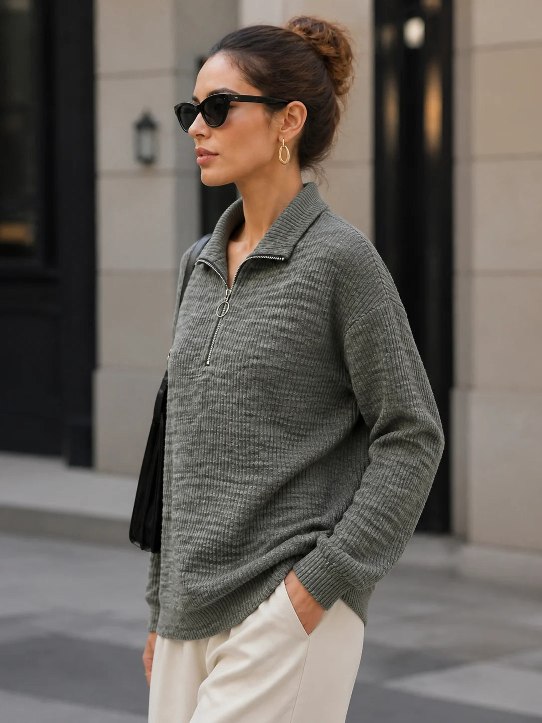 Women’s Long Sleeve Collared Top, Half Zip Everyday Pullover for Street Style and Going Out, Comfortable Loose Cut with Clean Lo