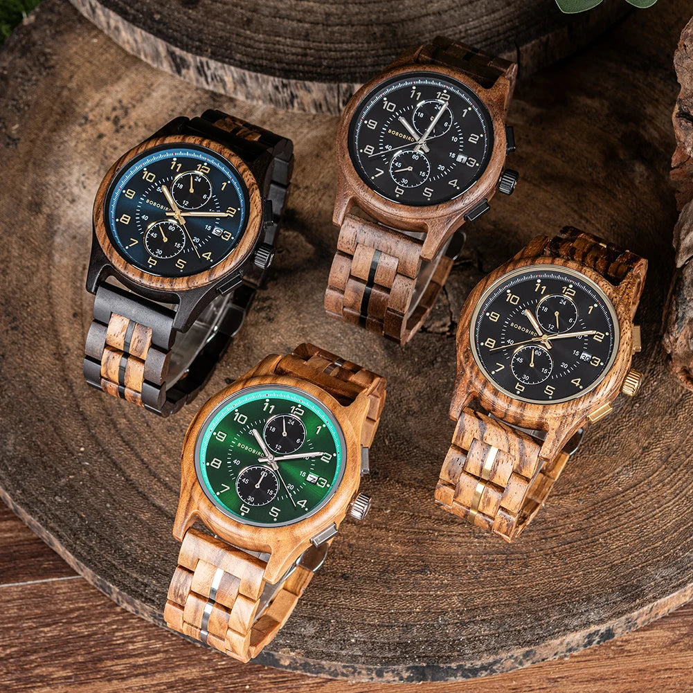 BOBO BIRD Wood Watch Men Business Quartz Watches Engraved Wooden Chronograph Wristwatch With Date Display Custom Reloj Madera
