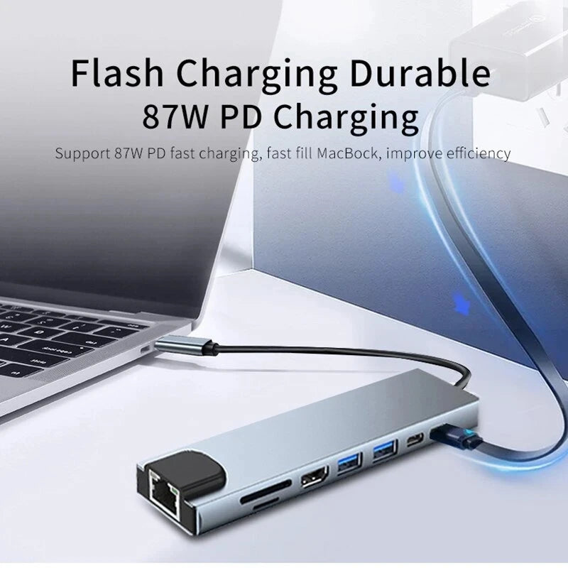 TelDaykemei Hub USB-C 8 w 1 z HDMI 4K, RJ45, czytnikiem kart SD/TF