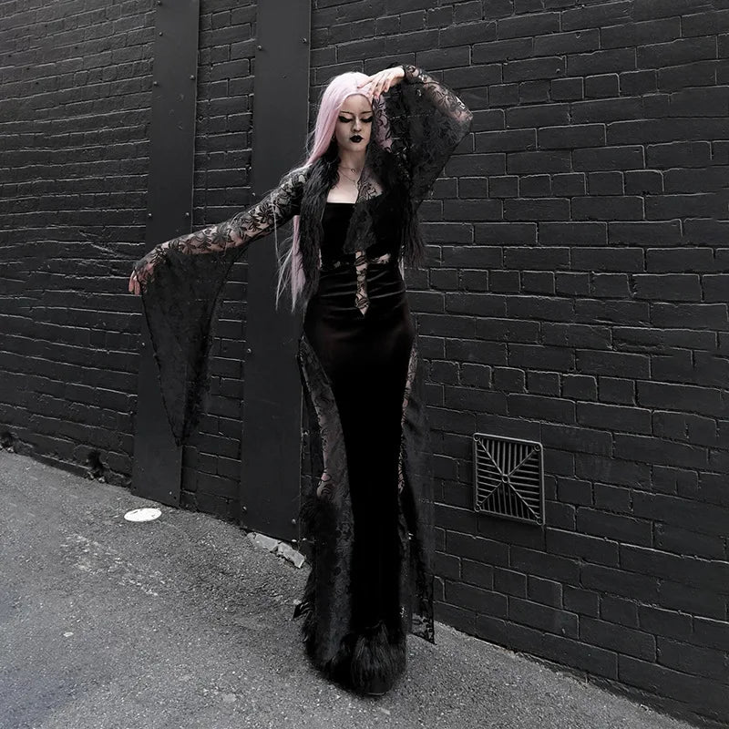 Holloween Gothic Subculture Velvet Lace Dress Cross Cutout Flare Sleeve Faux Fur Trim Bodycon Slim Fit Long Dress Party Outfit
