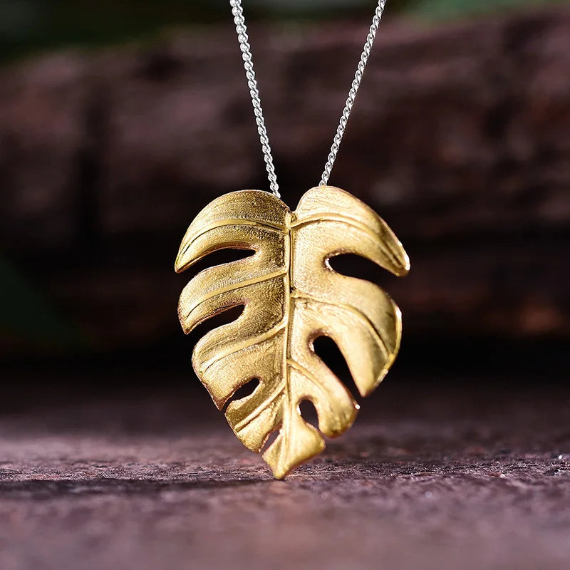Lotus Fun Real 925 Sterling Silver Handmade Fine Jewelry 18K Gold Monstera Leaves Design Pendant Without Necklace for Women Gift
