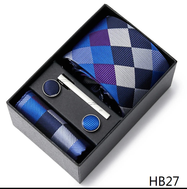 2023 Mode 7,5 cm breite Krawatten-Sets, schwarze Herren-Krawatte, Einstecktuch, Manschettenknöpfe, Krawattenklammer, Box, Hochzeitsgeschenk, handgefertigte Krawatte, Arbeitskleidung