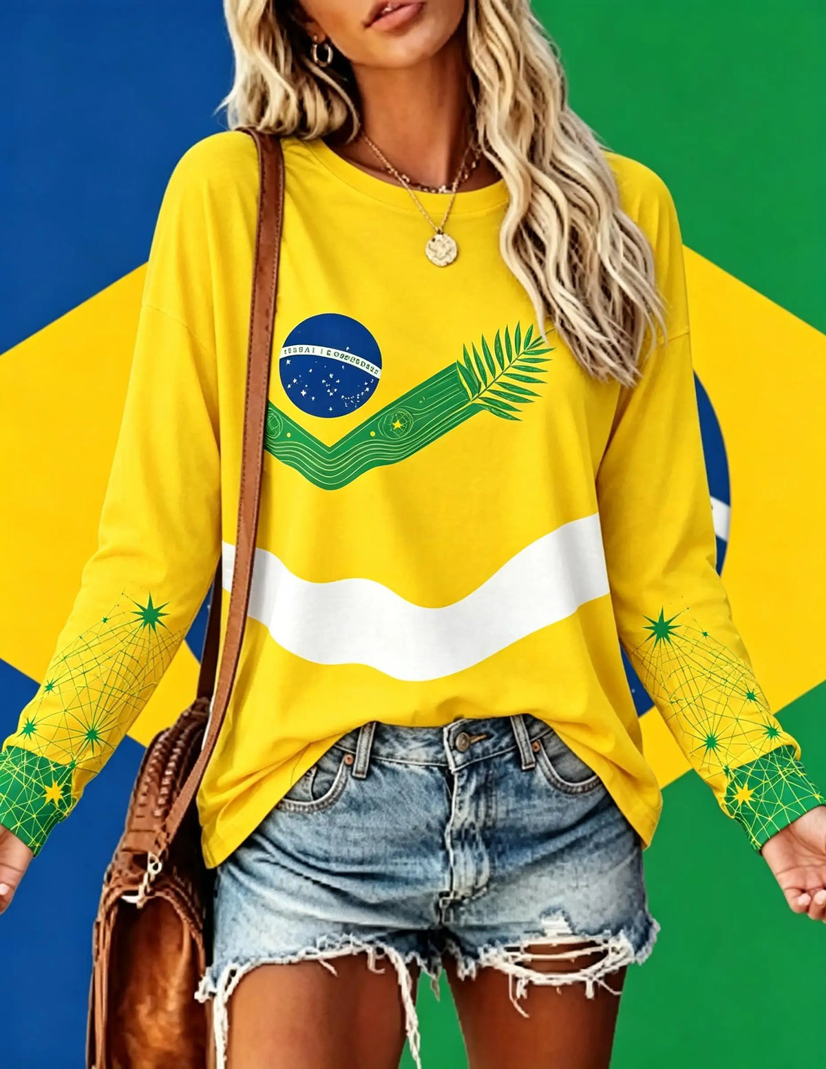 Women Long Sleeve T Shirt Brazil Flag Tropical Palm Leaf Star Print Crew Neck Casual Summer Fall Tops