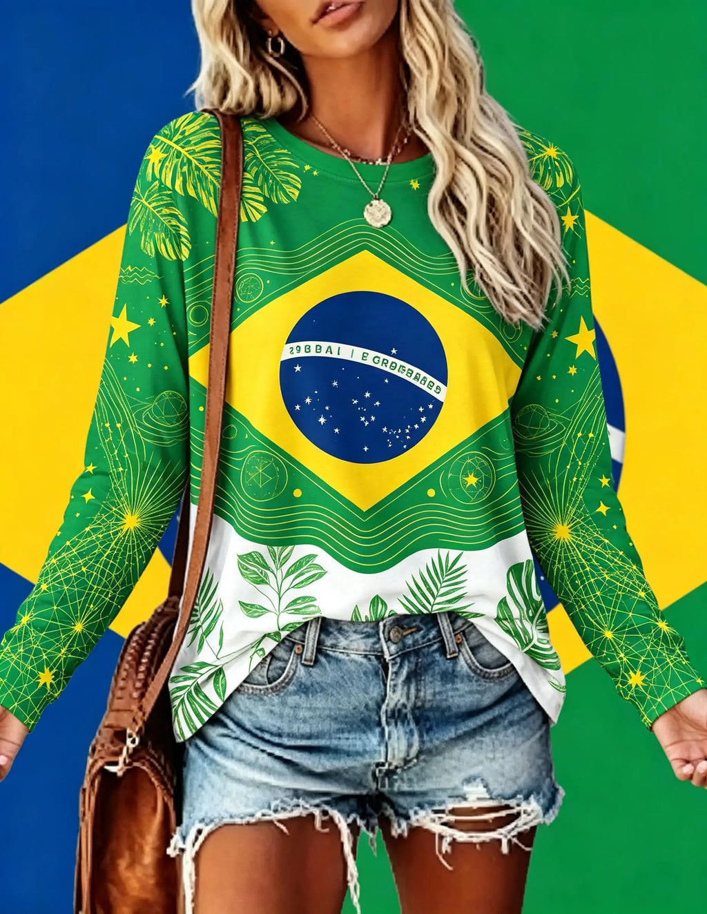 Women Long Sleeve T Shirt Brazil Flag Tropical Palm Leaf Star Print Crew Neck Casual Summer Fall Tops