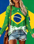 Women Long Sleeve T Shirt Brazil Flag Tropical Palm Leaf Star Print Crew Neck Casual Summer Fall Tops